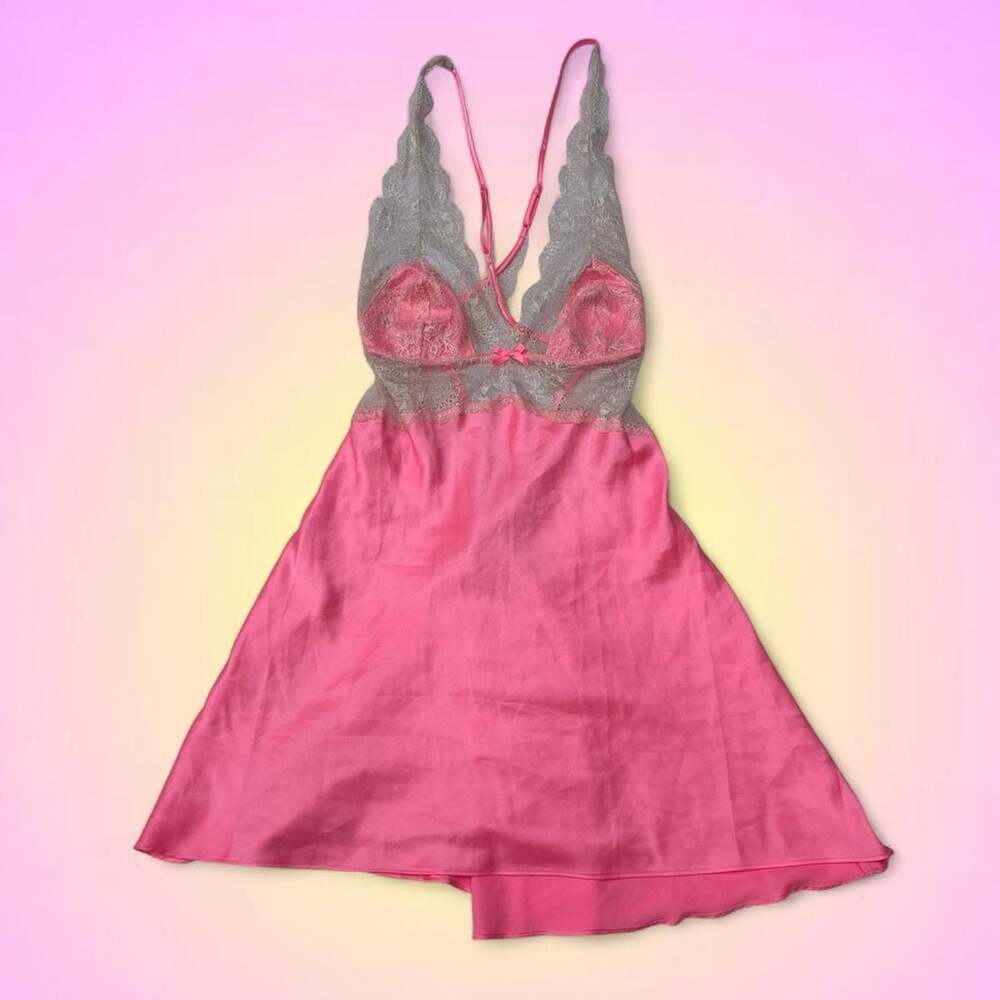 Victoria's Secret Lace Trim Satin Chemise Slip Dress Pink